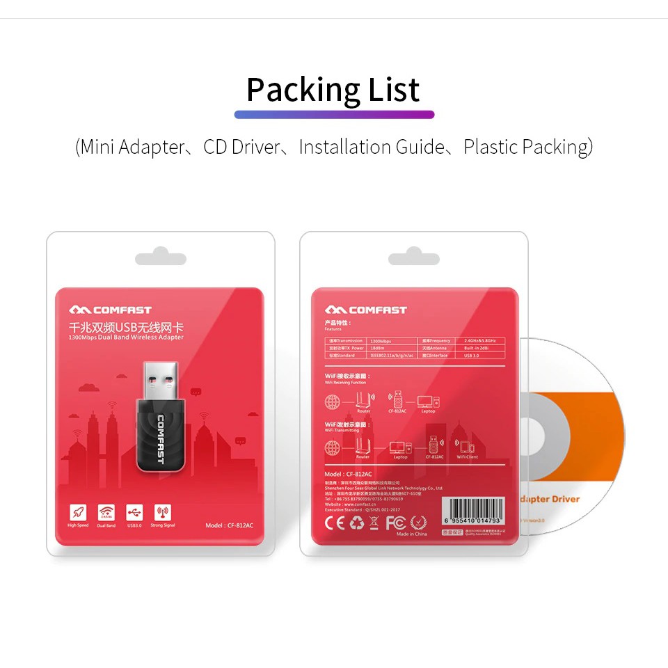 COMFAST CF-812AC - Dual Band USB 3.0 Wireless Adapter - 1300Mbps - Penangkap Sinyal WiFi Model USB