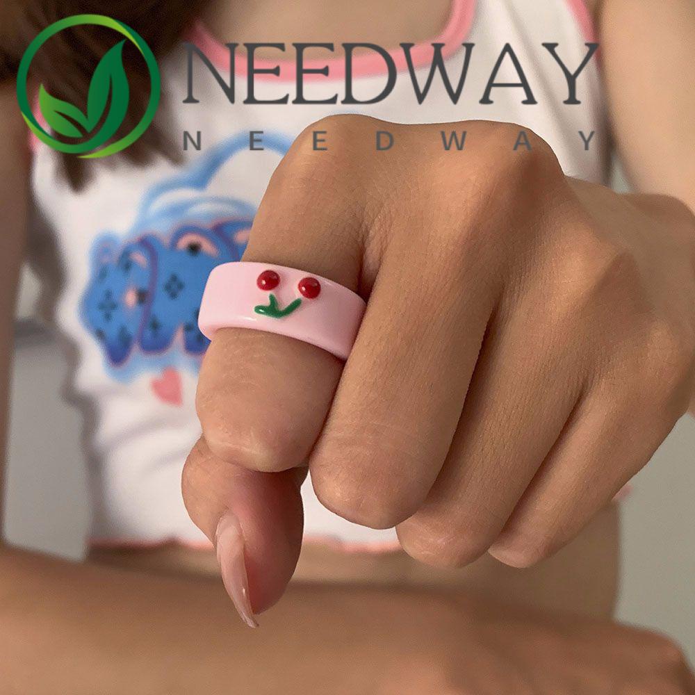 Needway  Women Girls Finger Ring Korean Thumb Ring Rings Embossed Resin Gifts Acrylic Cute Lovely Sweet Vintage Fashion Jewelry/Multicolor