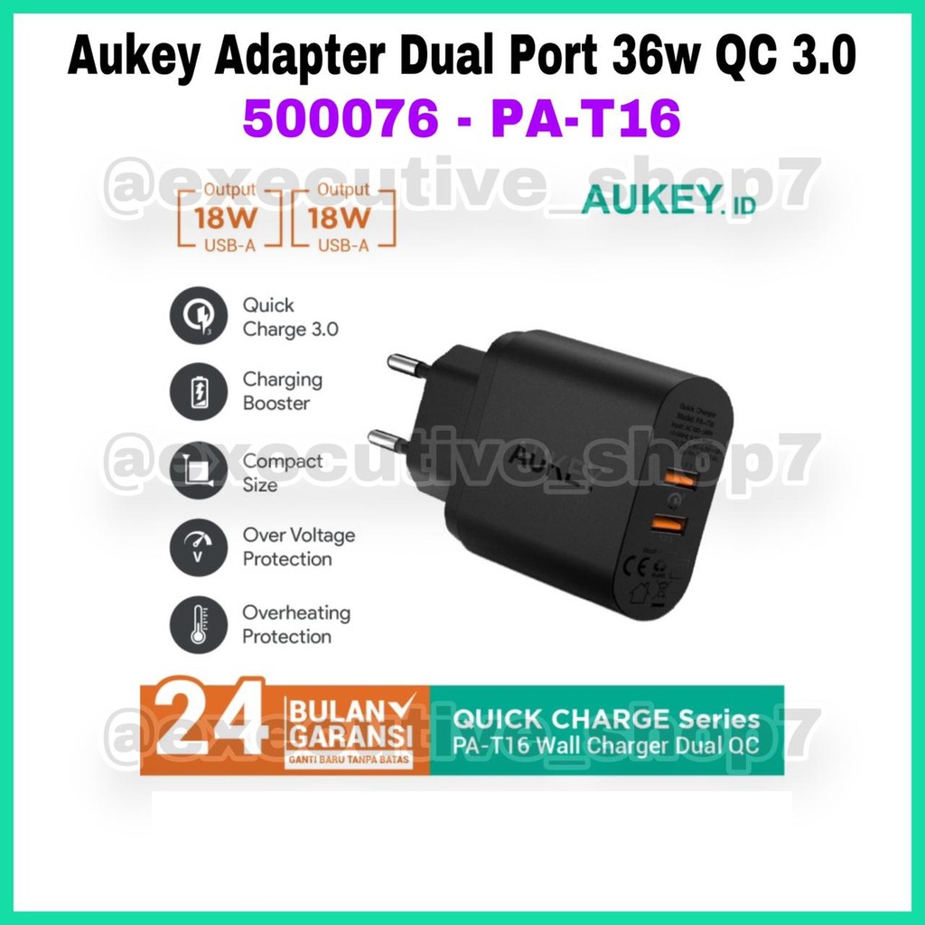 Aukey Charger 2 Port 36W QC 3.0 + Micro USB Cable - SKU : 500076