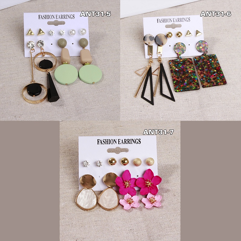 (6Pasang 1set) Anting Wanita korea/ Set anting fashion korea Tusuk Gantung Desain Geometri Hias Rumbai Alloy IMPORT Wanita korea ANT31-5