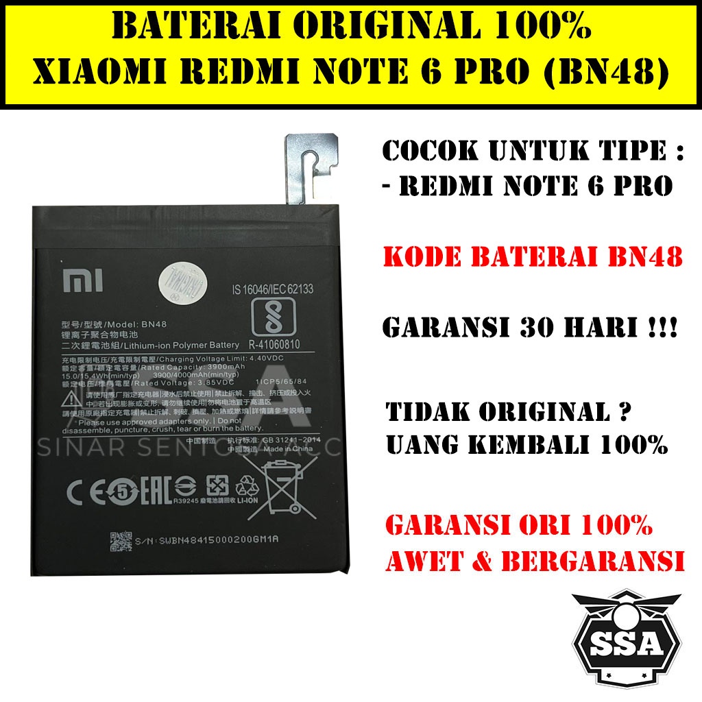 Baterai Original 100% Xiaomi Redmi Note 6 Pro BN48 BN 48 Battery Batu Batre Batrei Batrai ORI HP Handphone