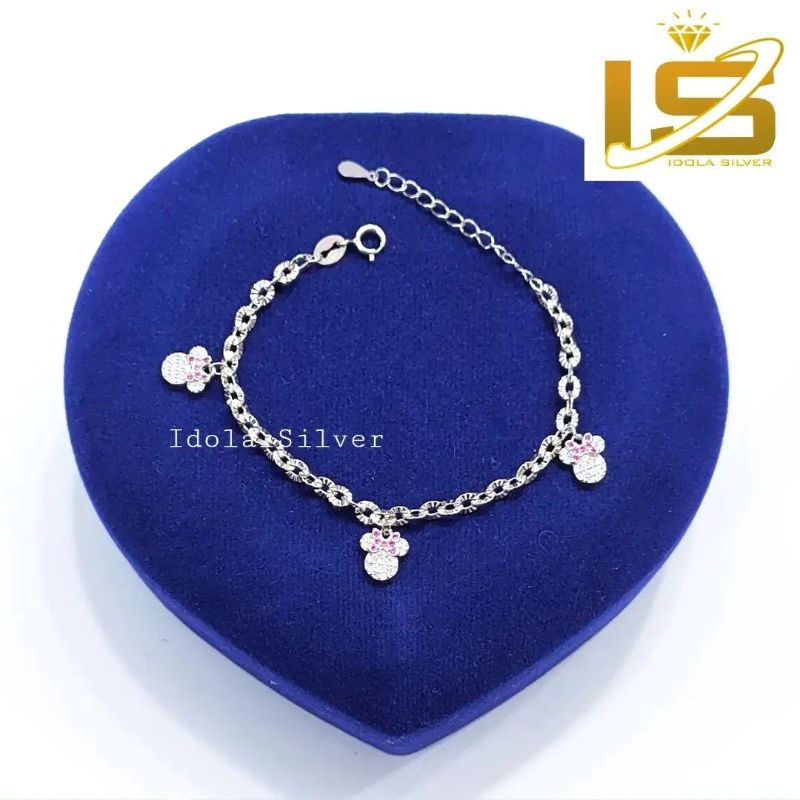 GELANG ANAK PERAK ASLI SILVER 925 LAPIS EMAS PUTIH MODEL RANTAI NORI UKIR GANTUNGAN MICKEY MOUSE PINK - PERHIASAN PERAK ANAK