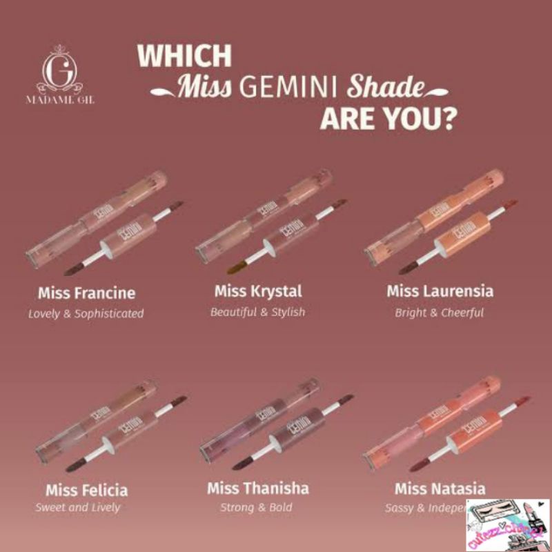 ☃️Cutezz_Ching1☃️Madame Gie Miss Gemini 2 In 1 Gloss n Velvet - Make Up Lipstick