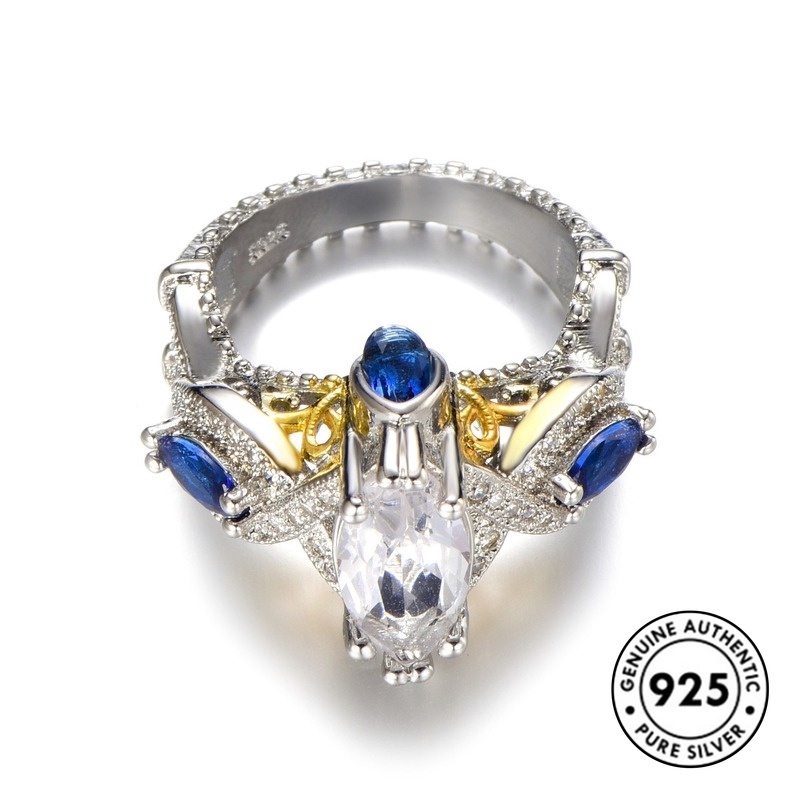 Cincin Bahan S925 Silver Lapis Emas Aksen Berlian Warna Biru