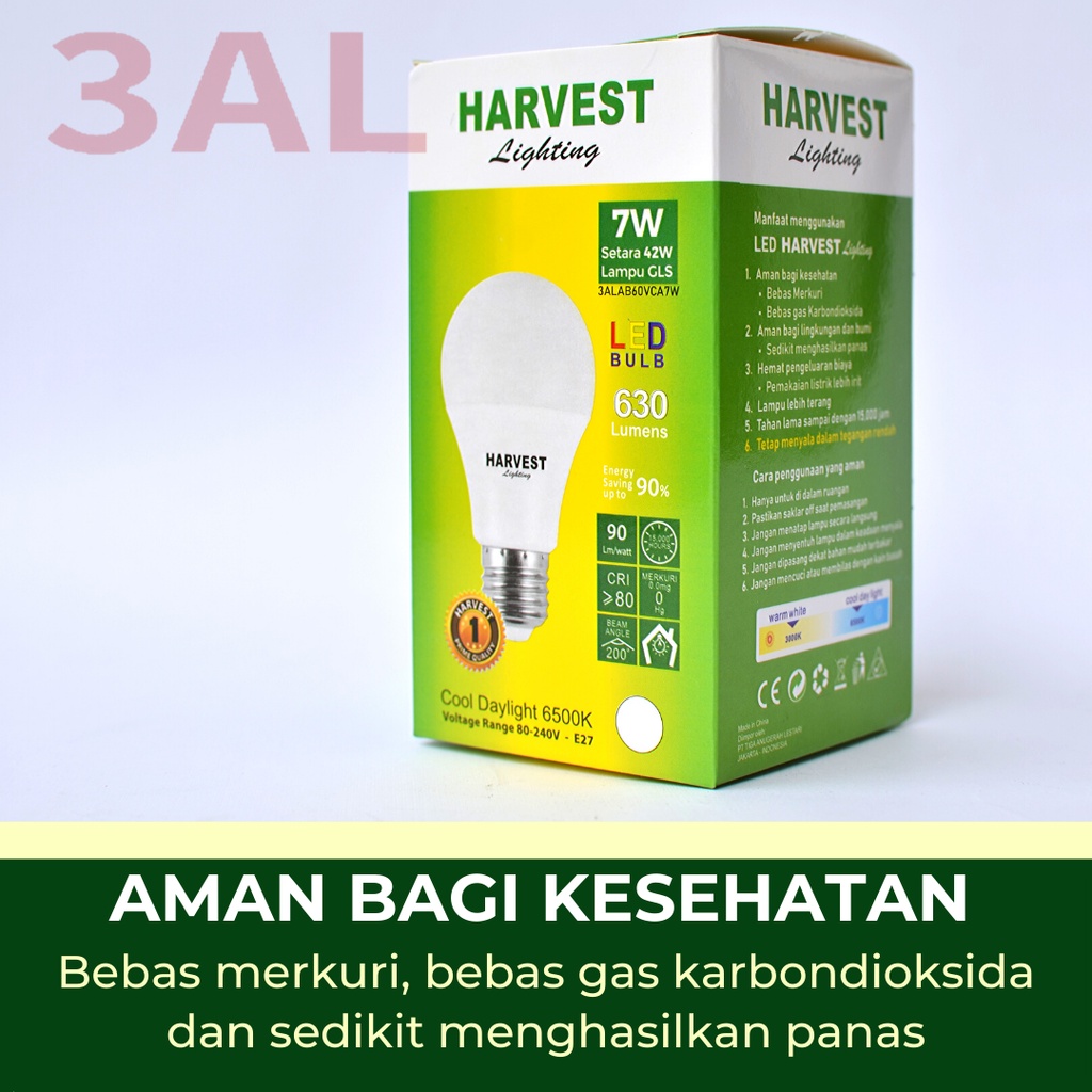 7W - Paket Isi 9 - HARVEST LIGHTING Lampu Bohlam LED A Bulb  7 Watt Lampu Hemat Energi Original Bersertifikasi SNI dan Bergaransi