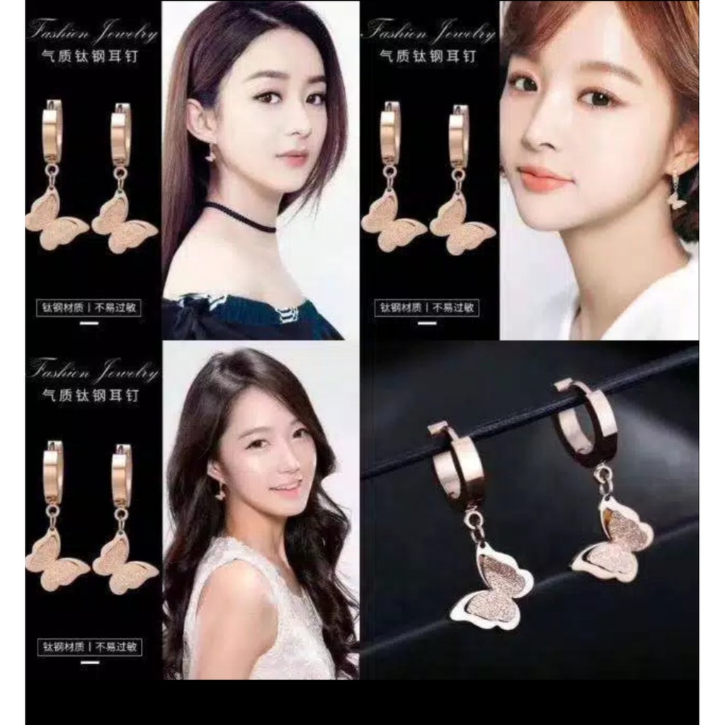 Anting Titanium Kupu-Kupu Juntai Untuk Wanita Fashion Warna Rose Gold, Gold dan Silver