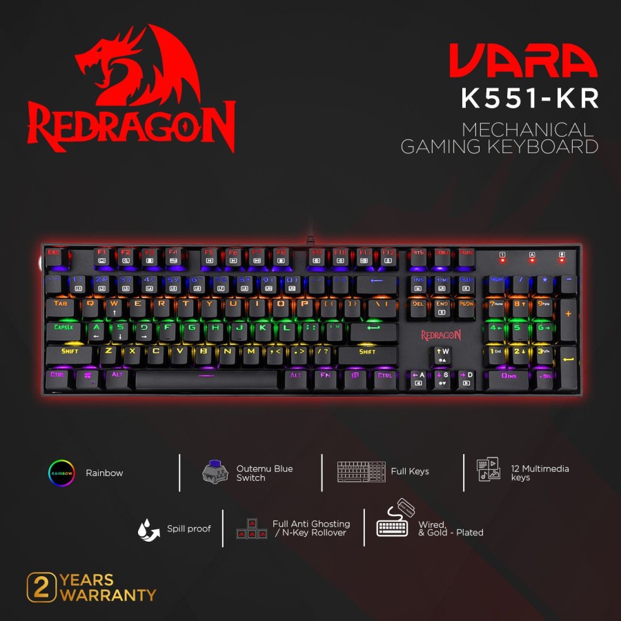 Redragon Gaming Keyboard Mechanical Rainbow VARA K551-KR Model