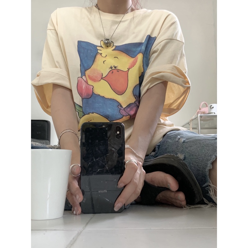 [100%  Katun]Yellow Duck Cartoon Kaos Cream Atasan Wanita Lengan Pendek Oversize Printed T-shirt Baju Wanita Kekinian Korean Style