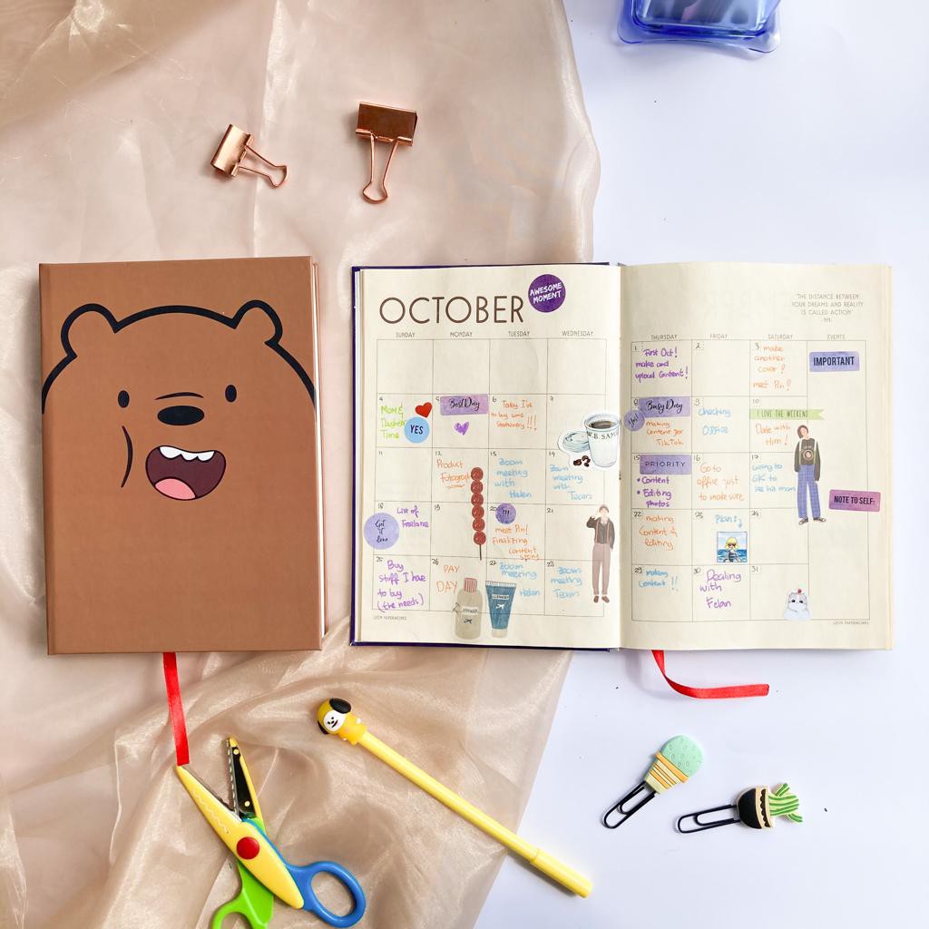 Buku Catatan Journal Diary Buku Tulis Notebook Agenda, Polos dan dotted We Bare Bear Grizzly