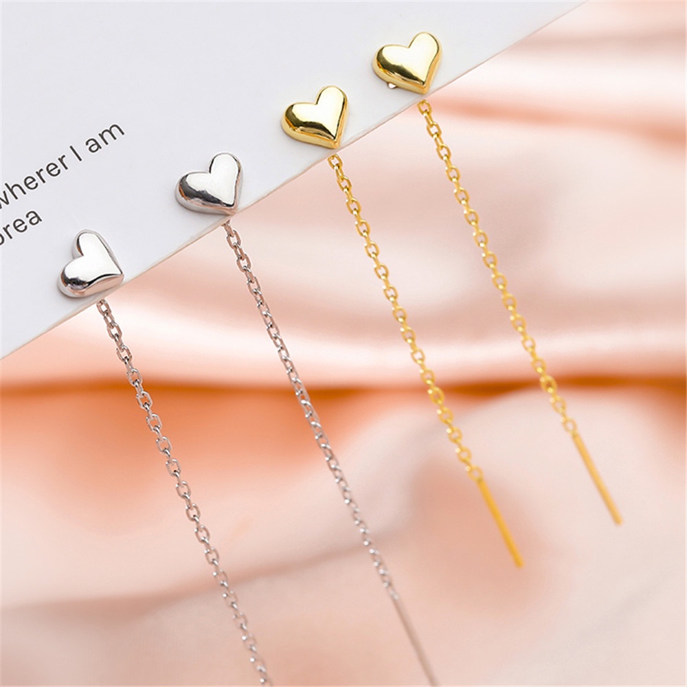 【COD Tangding】Solid Heart Line Tassel Heart Gold Heart-shaped Long Ear Line INS Face Thin Ear Chain Fashion Accessories Jewelry