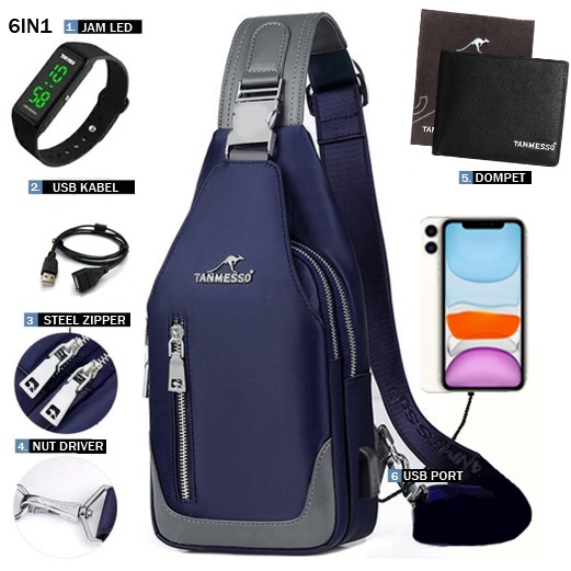 5IN1 TAS BONUS JAM &amp;DOMPET,USBPORT &amp;HEADSET-TAS SELEMPANG PRIA sling bag usb port 9