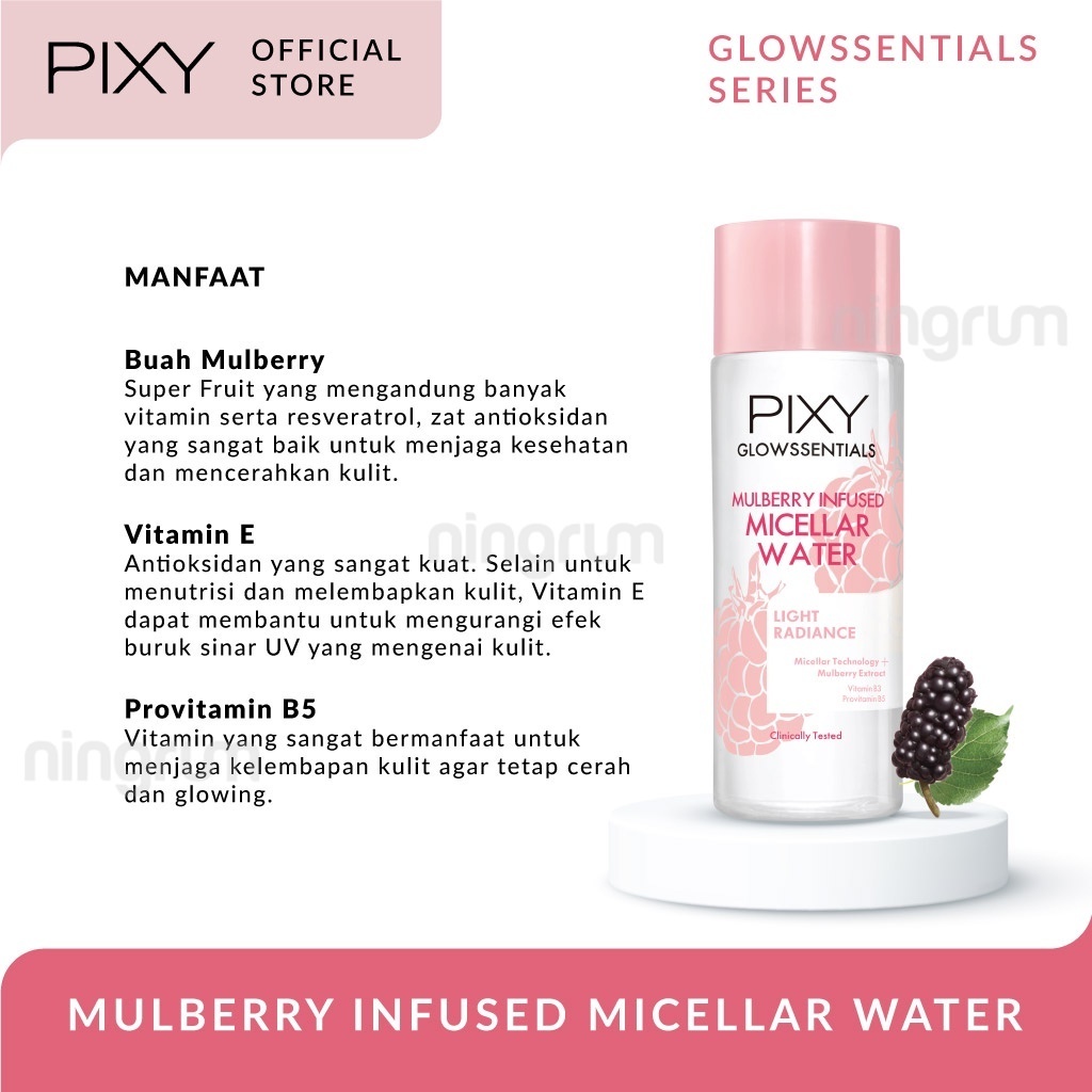 Ningrum PIXY Glowssentials Mulberry Infused Micellar Water, Infused Bright Mist Protecting Mst, Tone Bright Cream, Smooth Bright Peel Off Mask, Soft Bright Whip Foam, Deep Cleansing Face, Clay Scrub Face Mask, All In One Moisturizer, Snshld Daily - 8007