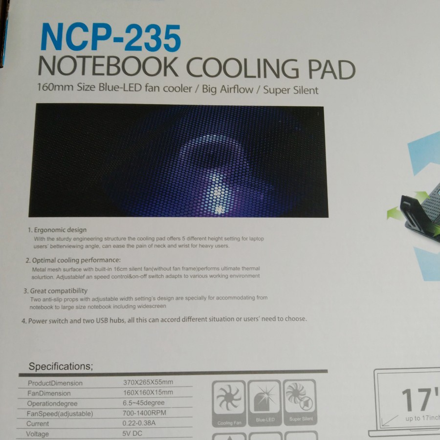 Cooler Pad MIKUSO NCP-235 Cooling Pad Notebook 17&quot; Fan 160mm With LED