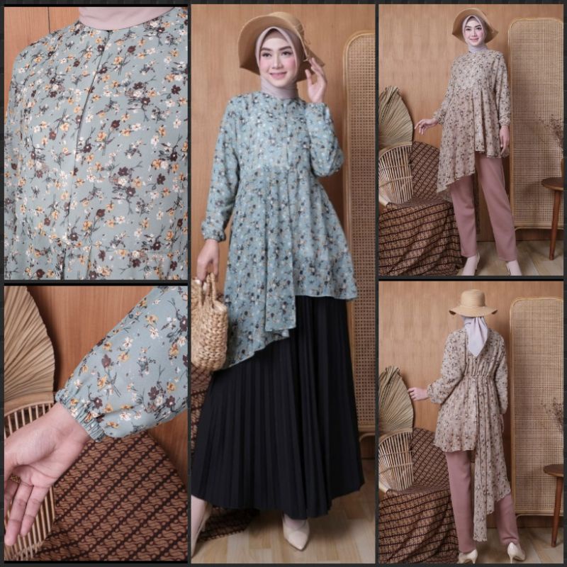 Atasan Tunik/Midi Dress Ceruty Babydoll Bunga Model Miring/Asimetris Ekor Panjang Belakang