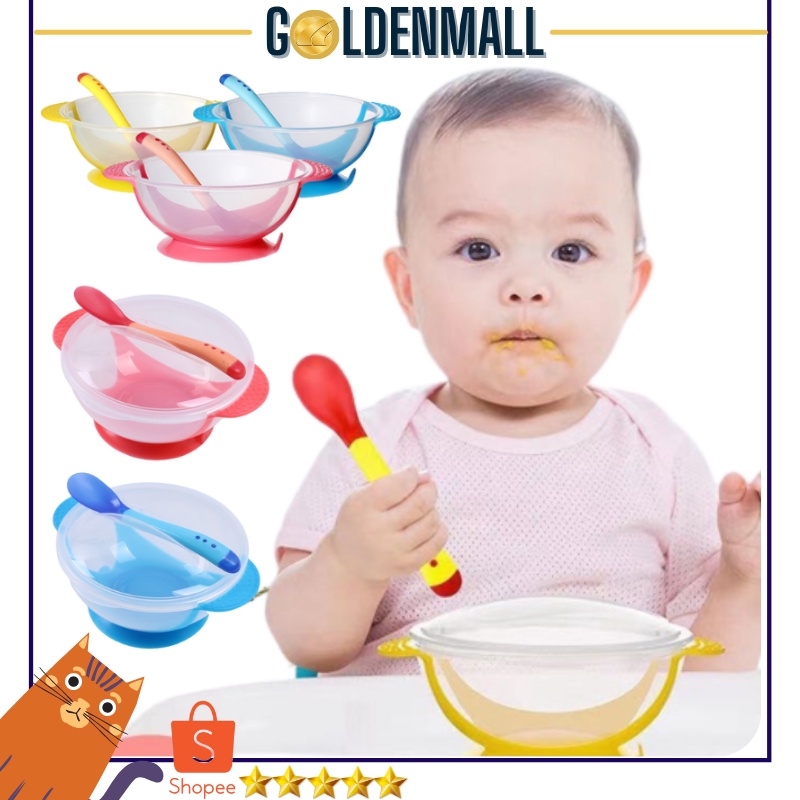 Mangkok bayi / Mangkok dan Sendok tutup makan bayi dengan sensor panas &amp; anti slip mangkuk anak [1KG=14PCS] GM28