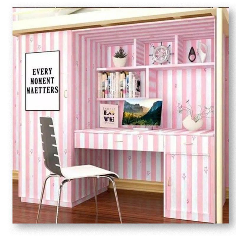 WALLPAPER STIKER DINDING MINIMALIS PUTIH BINTANG SALUR PINK