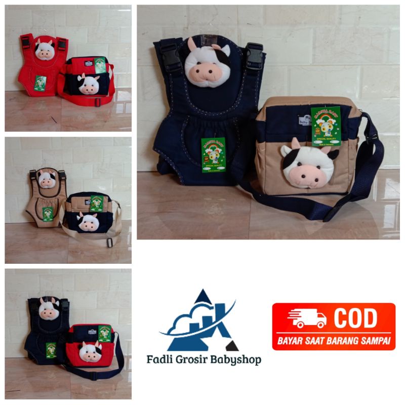 Paket Hemat ( 2 in 1 ) Tas Bayi Boneka Sapi Dan Gendongan Bayi Depan Ransel