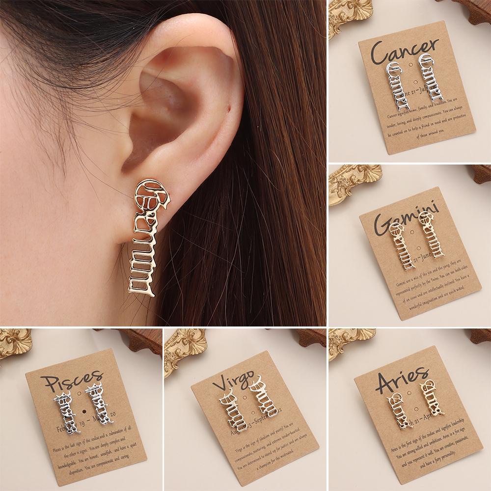 TOP 12stelasi Wanita Lady Wanita Anting Bulat Leo Libra Aries Perhiasan Ear Studs