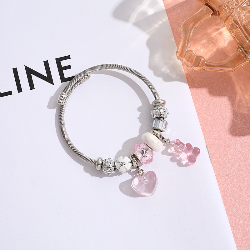 XiaoboACC Gelang Manik-Manik Kristal Dengan Liontin Beruang Bahan Stainless Steel Warna Jelly Untuk Wanita
