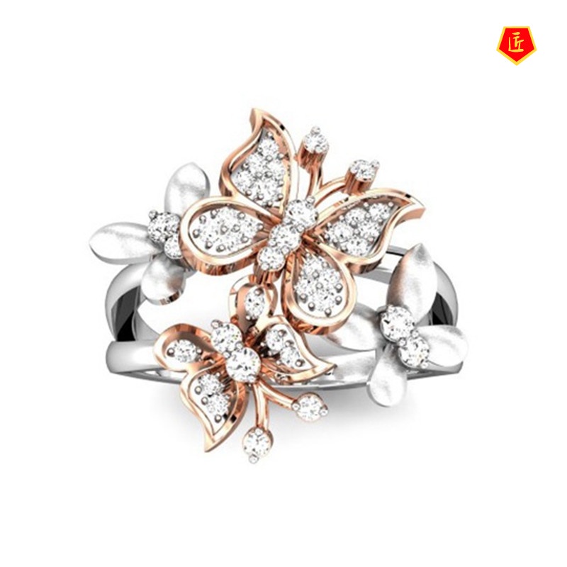 [Ready Stock]Elegant Personality Double Butterfly Diamond Ring 18K Gold