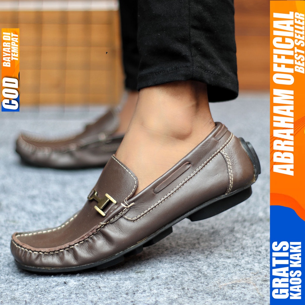 Sepatu Casual Pria Formal Slip On Pantofel Kulit Asli Kerja Kantor Kondangan Kuliah Hitam Fashion Shoes Terbaru Murah Kekinian Original MULIN ABRAHAM