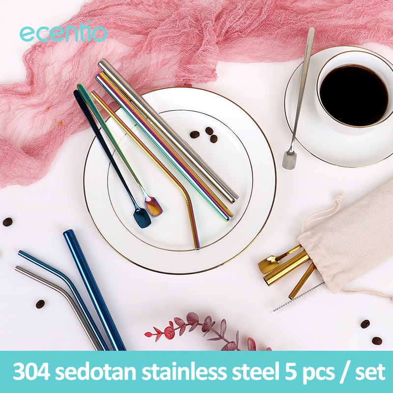 

Ecentio 4 Color 5PC/Set Stainless Steel Drinking Straw sendok Set(2 Straw+1 Spoon+1 Brush+1 Pouch)
