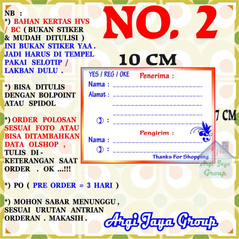 

Label Pengiriman Alamat Olshop Murah Nomer 2 - 10x7cm - Kertas BC (Manila)
