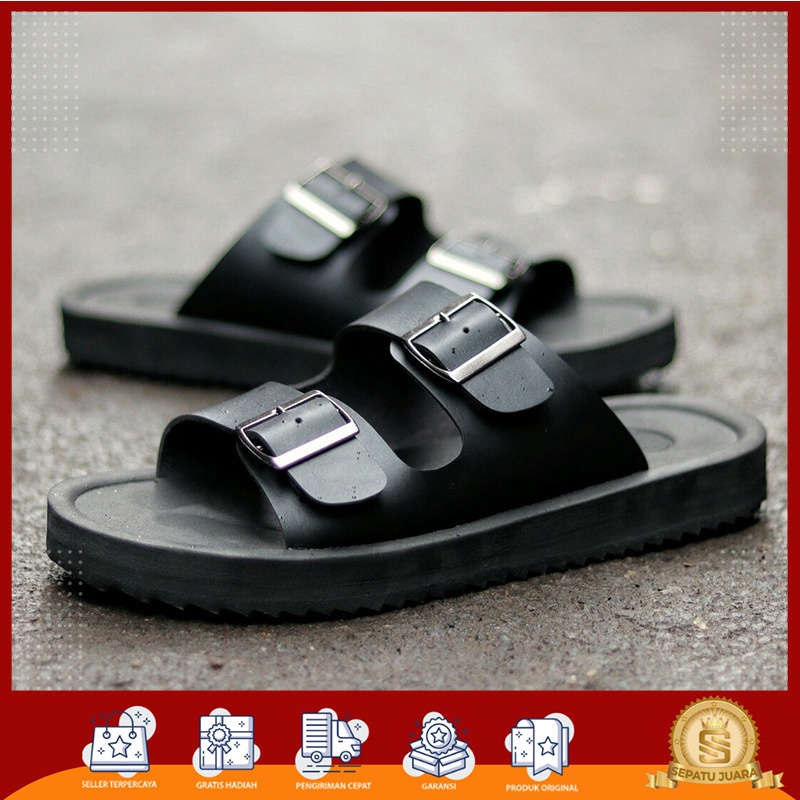 SPJ x FURY - Sandal Selop Pria Kasual Bahan Kulit Premium Warna Hitam Cokelat- Sendal Slide Tanpa Ta