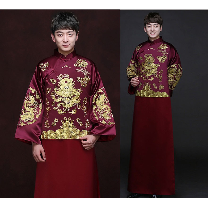 MAN.C. Baju Tradisional china terusan merah maron naga emas