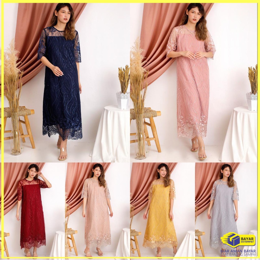 Baju Gaun Long Dress Dres Wanita Brukat Tile Bordir Gliter Mutiara Brokat Tulle Pesta Murah Terbaru