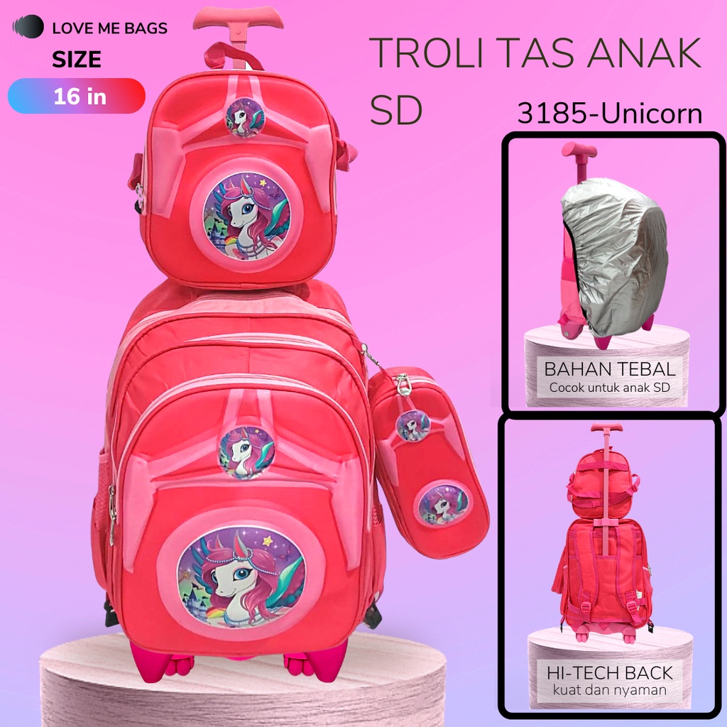 LMB Tas Troli Anak Sekolah SD Perempuan Import 3in1 Set Bahan Nilon Premium Karakter Kartun Lucu Kuat dan Nyaman Dipakai