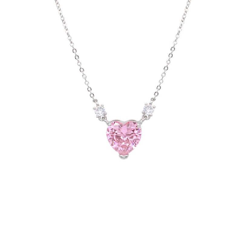 Kalung Rantai Liontin Hati Hias Kristal Zircon Warna Pink Gaya Korea Untuk Wanita