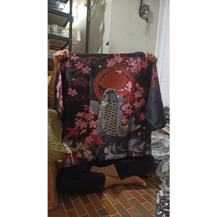 baju KIM-10 loose kimono luaran happi festival jepang satin printing ikan fish import kimono jepang