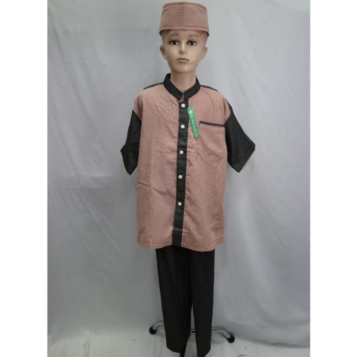 Grosir Setelan Baju Koko Muslim Anak Laki - laki Lengan Pendek Murah - Orange, 13-14 tahun KAD6