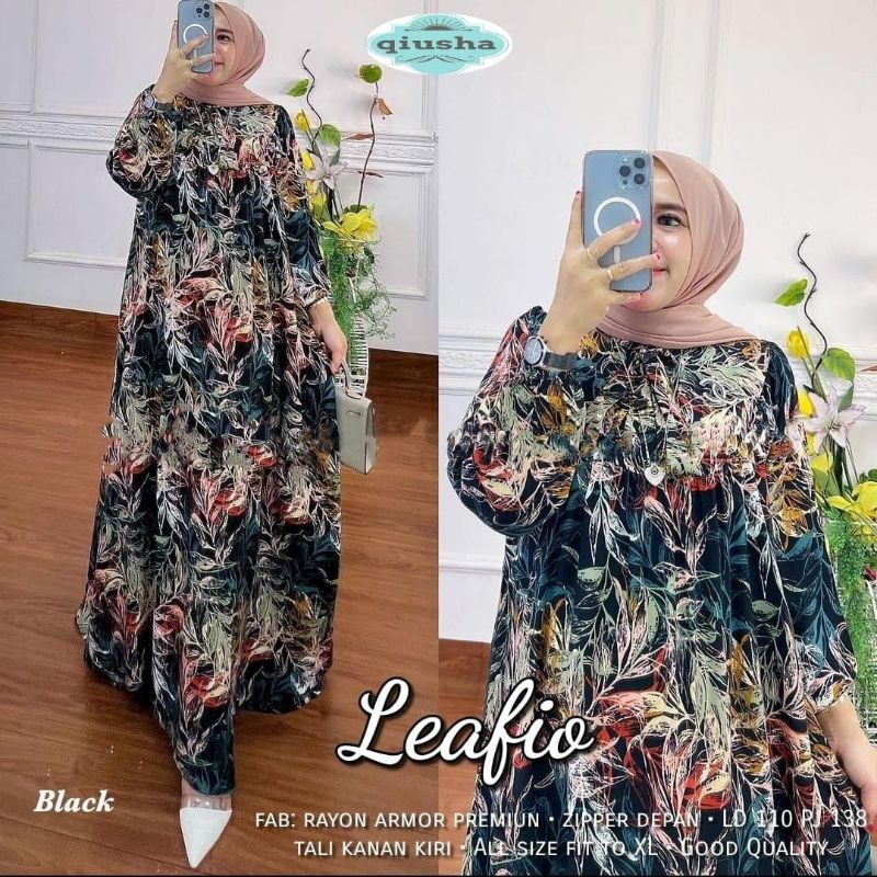 Leafio dress gamis rayon diamond motif daun abstrak murah QIUSHA