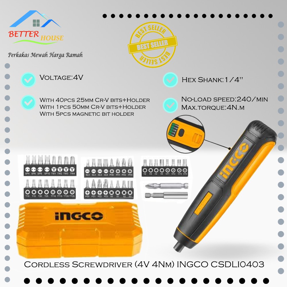 Obeng Baterai Set Cordless Screwdriver (4V 4Nm) INGCO CSDLI0403
