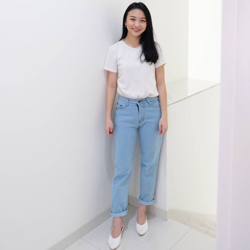Anatul– Celana Boyfriend Jeans Wanita Denim Kulot Kancing Samping Slit Warna Biru Best Seller