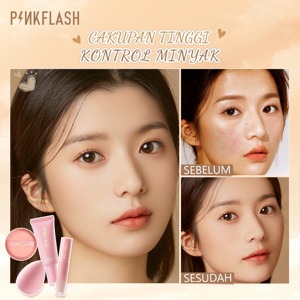 PINKFLASH 4 pcs Face Base Makeup Set-Loose Setting Powder &amp; Concealer &amp; Foundation &amp; Makeup Sponge Paket