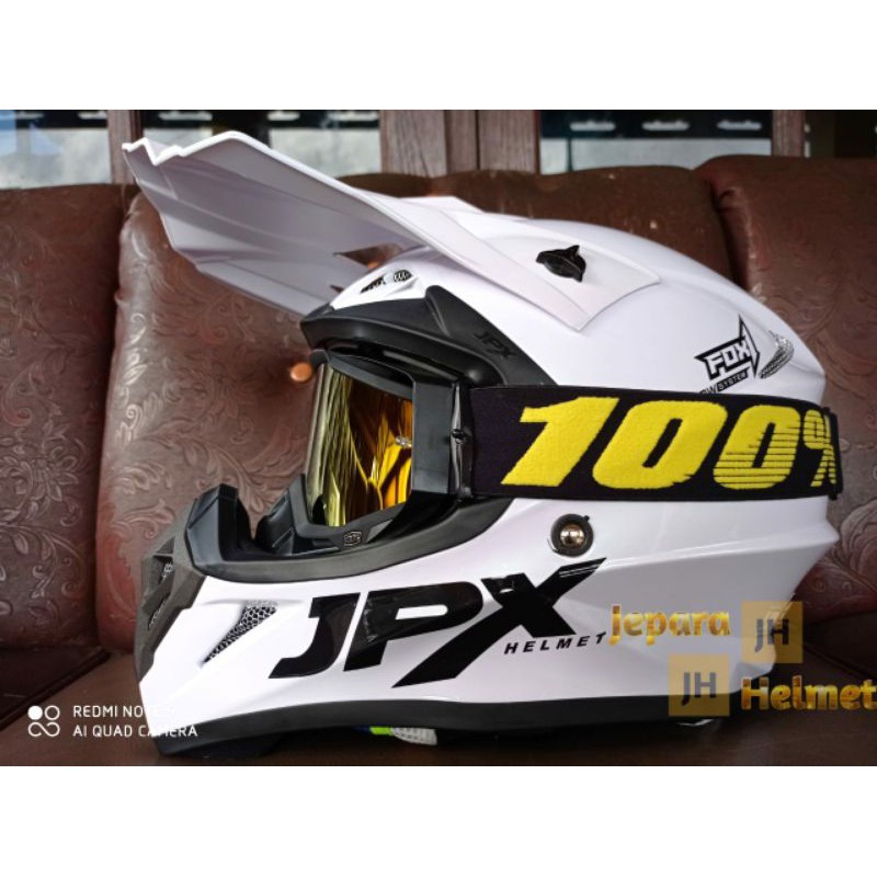 helm JPX fox1 moto Cross trail ktm klx crf solid polos putih white gloss plus goggle 100%