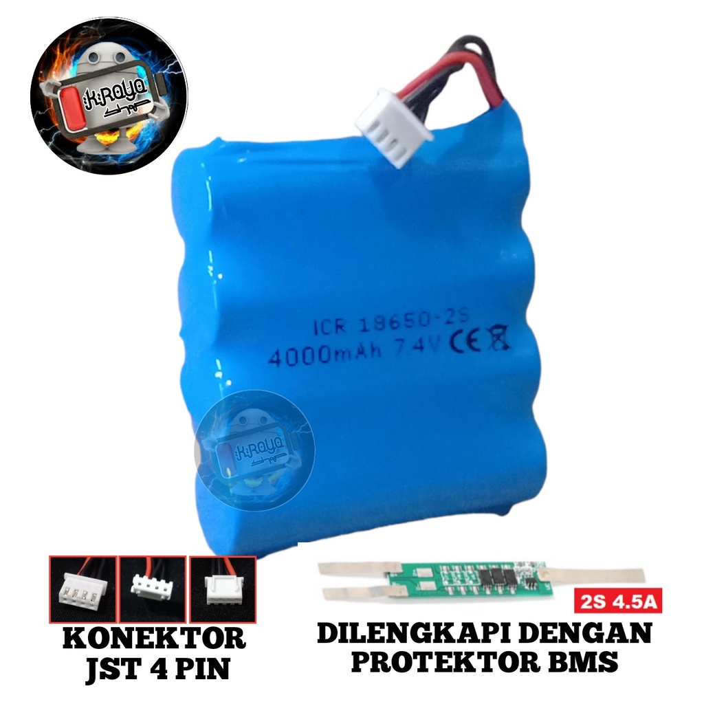 Baterai RC / Speaker/ Mainan Anak &amp; Elektronik Lainnya 4X 18650-2S 4000mAh 7.4V Protektor BMS 4.5A Konektor JST 4 PIN