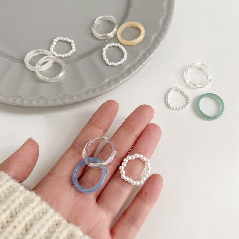 3pcs / Set Cincin Jari Bentuk Lingkaran Bahan Resin Akrilik Aksen Mutiara Polos Untuk Wanita
