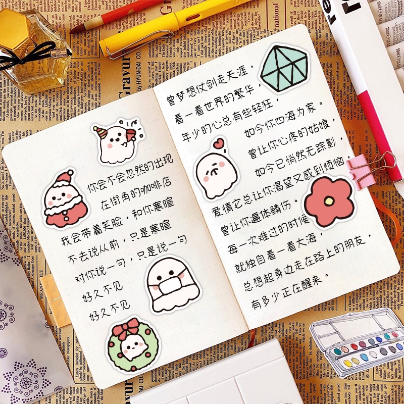 Kecil yang lucu hantu stiker lucu hewan peliharaan cangkir air Jurnal bahan kartun bagasi kotak pens