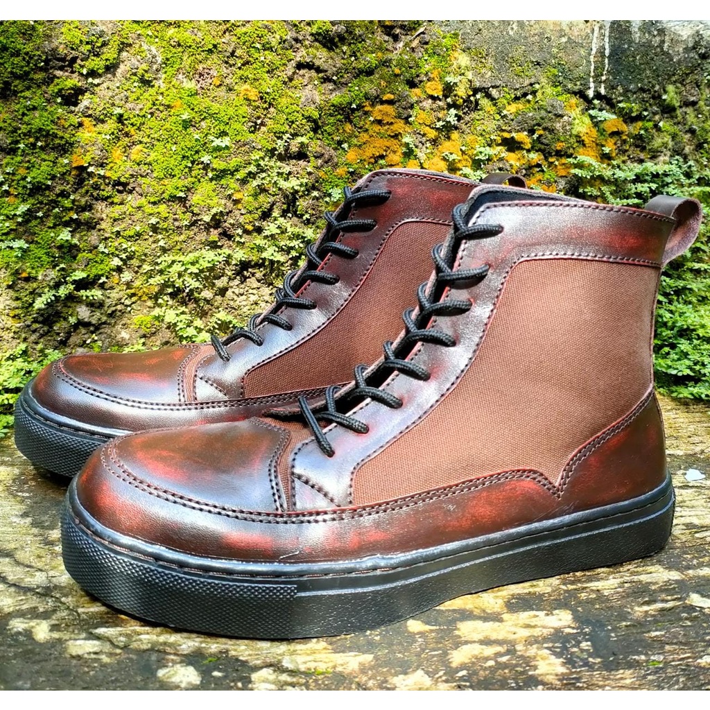 COD - New Sepatu pria kulit sapi asli merek wallbeth model Converse allstar Kulit tali tinggi  Termu