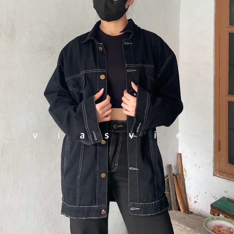 ROSE Oversized Jaket Jeans / Jaket Jeans Jumbo-Hitam
