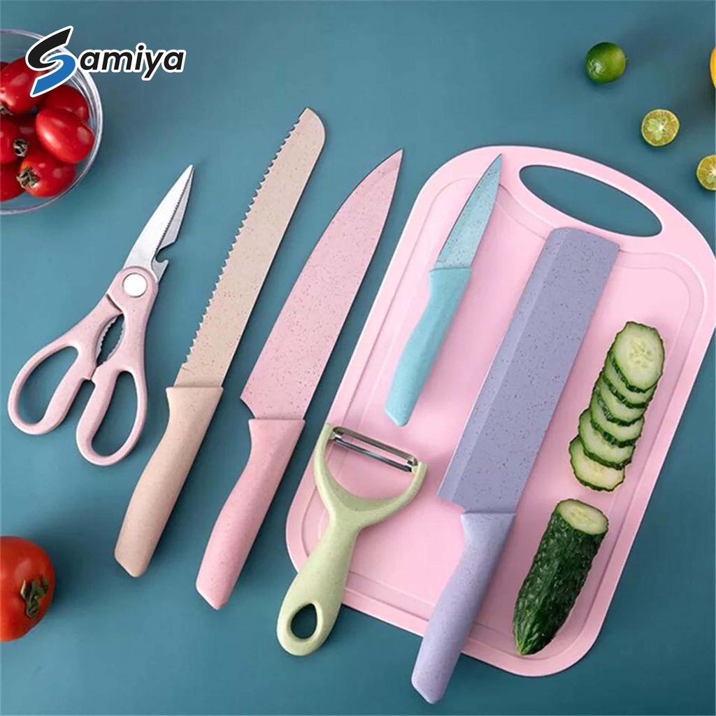 wheat straw knife set 6pcs include chopping board talenan / paket lengkap hemat pisau dapur telenan