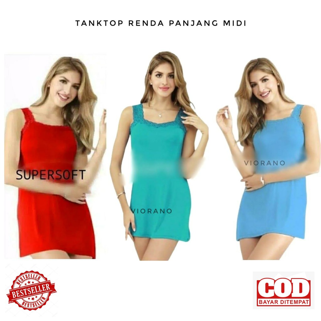 Termurah Camisol Tanktop Renda Wanita Panjang Bahan Adem Lembut Tengtop Cewek Midi Tangtop Jumbo Longdress XXL