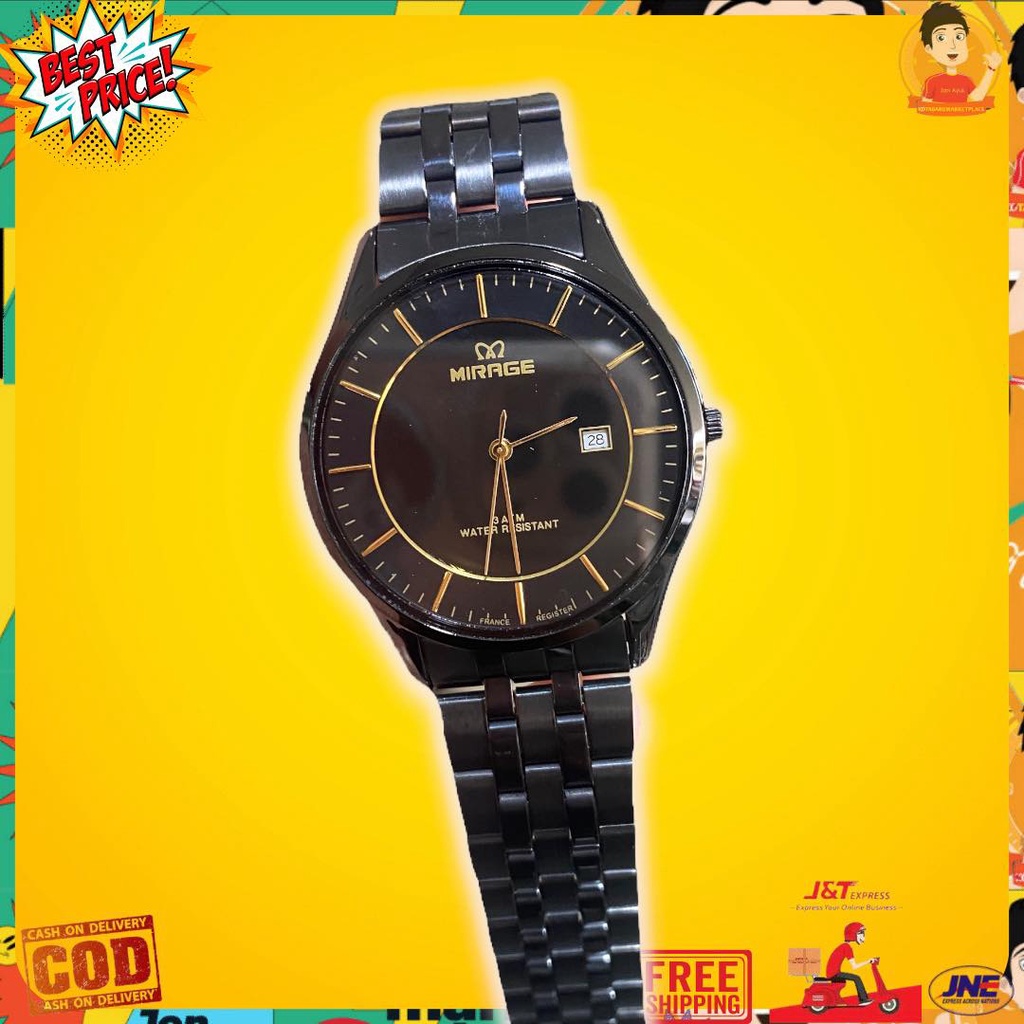 JAM TANGAN MIRAGE FULL BLACK SLIM TIPIS TALI RANTAI