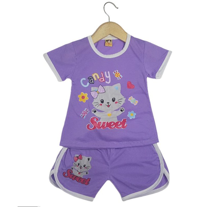 SETELAN SI JAMBUL PAKAIAN BAJU ANAK PEREMPUAN 2-7 TAHUN MOTIF SWEET CAT ABU LOLIPOP