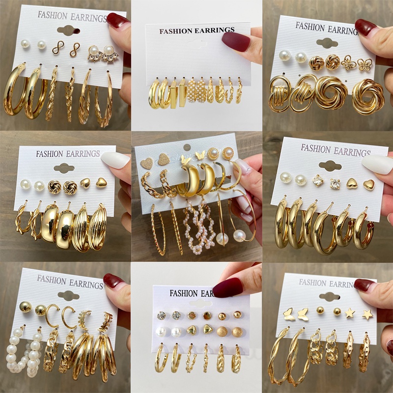 6Pcs/Set anting korea wanita Hoop Bentuk Kupu Aksen Mutiara anting emas asli Bahan Akrilik Untuk perhiasan aksesoris