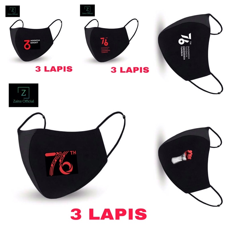 Masker Kain 3ply Merah Putih RI 76 Tahun Indonesia Merdeka Duckbill Alkindo Hitam Pria Wanita Katun